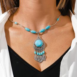 Colliers Vintage bohémien ethnique géométrique feuille de pierre bleue pour femmes, longue chaîne à pampilles, bijoux tibétains