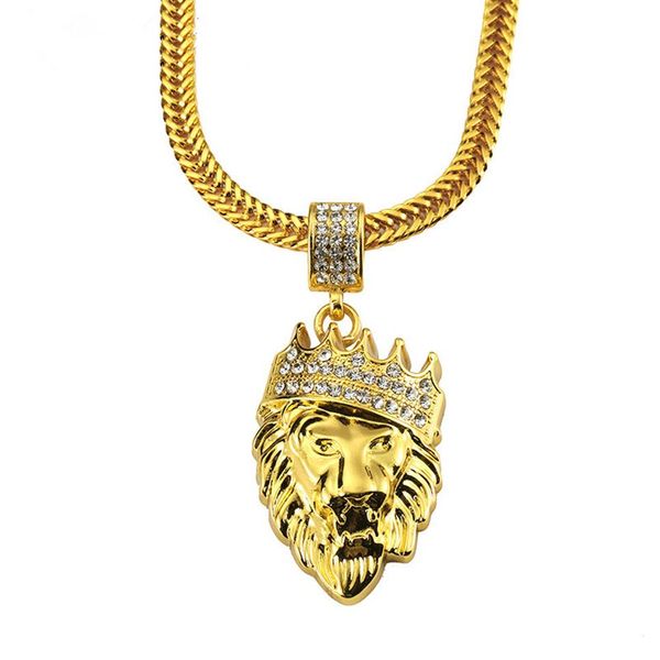 Collares con colgante de cabeza de león a la moda de Hip Hop para hombre, diseño de diamantes de imitación, cadena de serpiente larga de 75cm, piezas de relleno, collar para hombre, joyería 245D