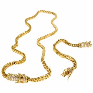 Mannen Hip Hop Franco Miami Cubaanse Collier Armband Rvs Rhinestone Casting Sluiting met CZ Iced Out Gold Silver Sieraden Set