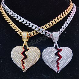 Men Hip Hop Heart brak Iced Iced Bling Pendant Necklace 7mm breedte 316L roestvrijstalen ketting kettingen Hiphop Fashion Jewelry
