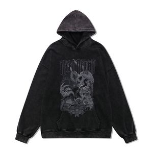 Men Hip Hop Hoodies Streetwear Vintage Skelet Skull Devil Print Distressed Washed Hooded Sweatshirts 2022 Harajuku Retro