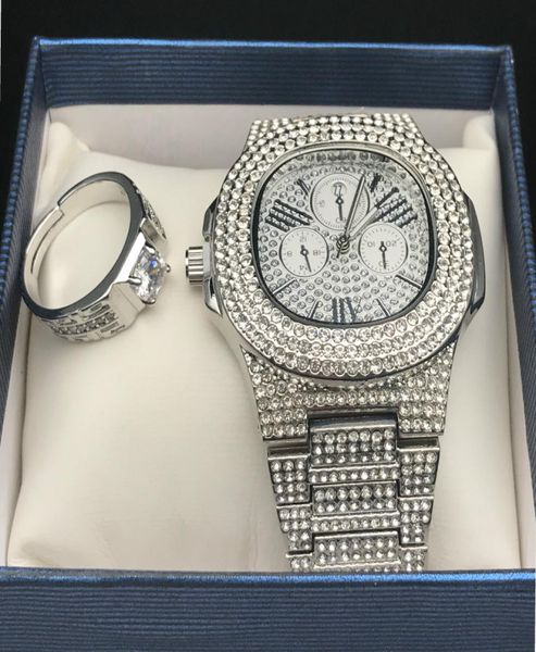 Hommes hip hop glacés en diamant watch ring combo set diamond ajusté Ring Rock Rock Men bijoux street danse mode8243744