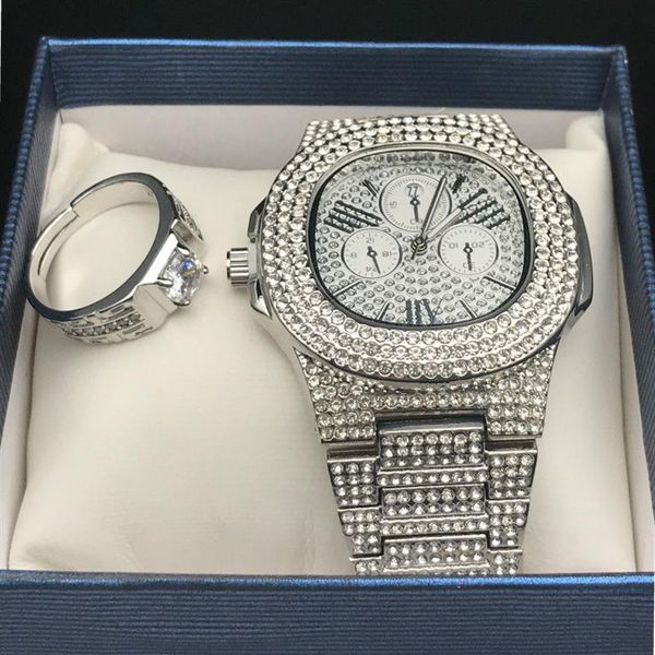 Montre Hip Hop en diamant glacé pour hommes, ensemble combiné de bagues réglables en diamant, rappeur Rock, bijoux pour hommes, danse de rue, Fashion320d