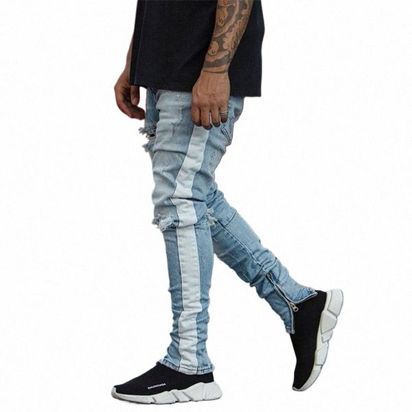 Hombres Hip Hop KANYE WEST Rodilla delgada Ripped Skinny Jeans Tira blanca Patchwork Agujero Destruido Streetwear Tobillo Cremallera Pantalones de mezclilla t2MF #