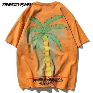 Hommes Hip Hop surdimensionné t-shirt Streetwear palmier imprimé été Harajuku coton à manches courtes Orange hauts t-shirts 210601