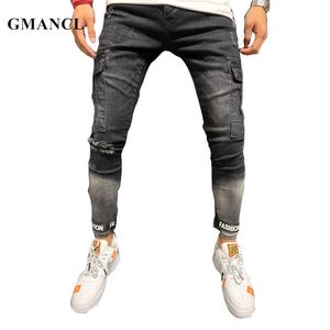 Hommes Hip Hop Skinny Poche latérale Cargo Moto Biker Jeans de haute qualité en détresse Streetwear Slim Fit Hommes Joggers Denim Pantalon X0621