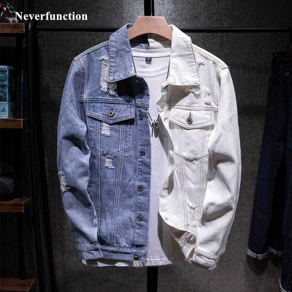 Hombres Hip Hop Slim Azul Blanco Patchwork Algodón Jeans Chaquetas Motocicleta Hombre Sólido Casual Streetwear Denim Jacket Plus Tamaño 5XL X0621