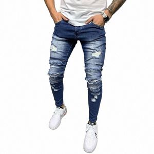 Men Hip Hop Splicing Holes Blue Biker Skinny Jeans de bonne qualité Male Street Style Cott Stretch Denim Pants 107Y #
