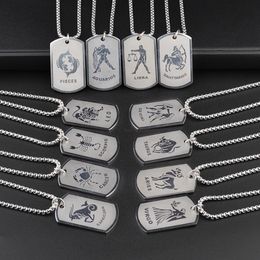 Hombres Hip Hop Acero inoxidable 12 Signo del zodiaco Collar etiquetas para perros Colgantes Encanto Signo de estrella Gargantilla Astrología Collares joyería de moda voluntad y arena