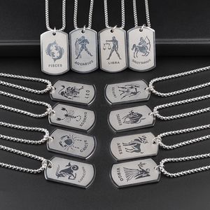 Hombres Hip Hop Acero inoxidable 12 Signo del zodiaco Collar etiquetas para perros Colgantes Encanto Signo de estrella Gargantilla Astrología Collares joyería de moda voluntad y arena