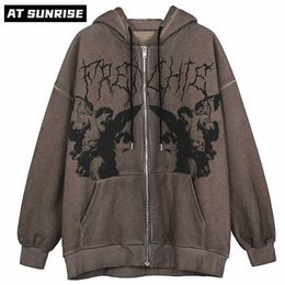 Mannen Hip Hop Streetwear Hooded Jacket Angel Dark Print Coat Harajuku Katoenen Fleece Herfst Winter Uitloper Rits 210909