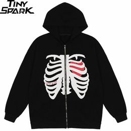 Men Hip Hop Streetwear Hooded Jacked Jacket Skelet Skeleton Jacket Harajuku katoenen losse jas Spring Outderwear Zipper Black 220808