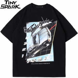 Hombre Hip Hop Streetwear de gran tamaño Tshirt Carta de coche Impresión T Shirt Harajuku algodón verano manga corta camiseta negro blanco 210716