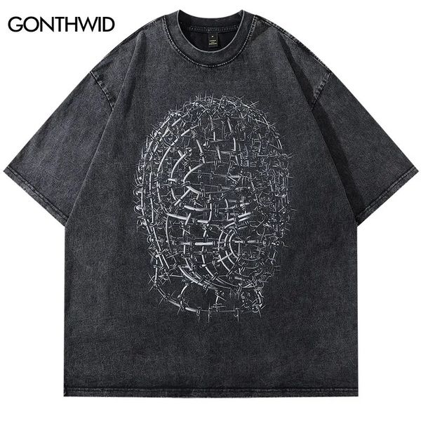 Hombres Hip Hop Streetwear Camiseta Iron Human Head Modelo Gráfico Camiseta Negro Algodón Camiseta suelta Harajuku Oversize Tops Tees 240315