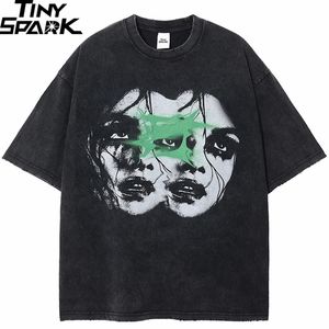 Men Hip Hop Streetwear T-shirt gewassen zwart gescheurde retro vintage dubbele gezichten grafisch t-shirt zomer t shirt katoen 240315