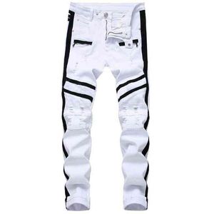 Heren hip-hop streep ontwerp patchwork gescheurd stretch slanke jeans streetwear katoen mannelijke casual joggers denim broek plus size 42 g0104