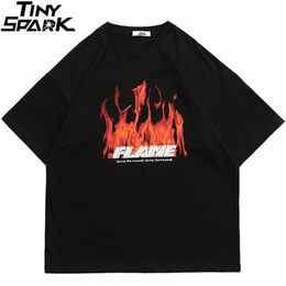 Hommes Hip Hop T-shirt Streetwear Feu Flamme Imprimé T-shirt Harajuku Coton Lâche Tshirt Été À Manches Courtes Tops Tees Vert 220621