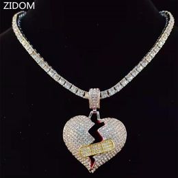 Collier hip hop avec pendentif cœur brisé pour hommes, avec chaîne de Tennis de 5mm, bijoux scintillants glacés, cadeaux à la mode, colliers 246M