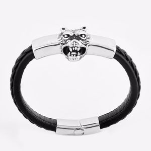 Men Hiphop roestvrijstalen luipaardmagneet Clasp Leather Bangle Silver Tone Quality Punk Bracelet Sieraden Groothandel