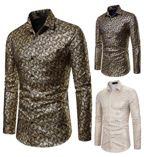 Men Hipster Luxury Black Gol Bronzing Imprimé Shirts de robe à manches longues mince