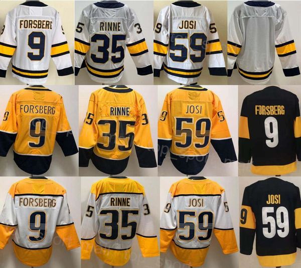 Hommes Hockey 59 Roman Josi Jersey 35 Pekka Rinne 9 Filip Forsberg Centennial Classic Stadium Series Reverse Rétro Bleu Marine Jaune Blanc Équipe Broderie Et Couture