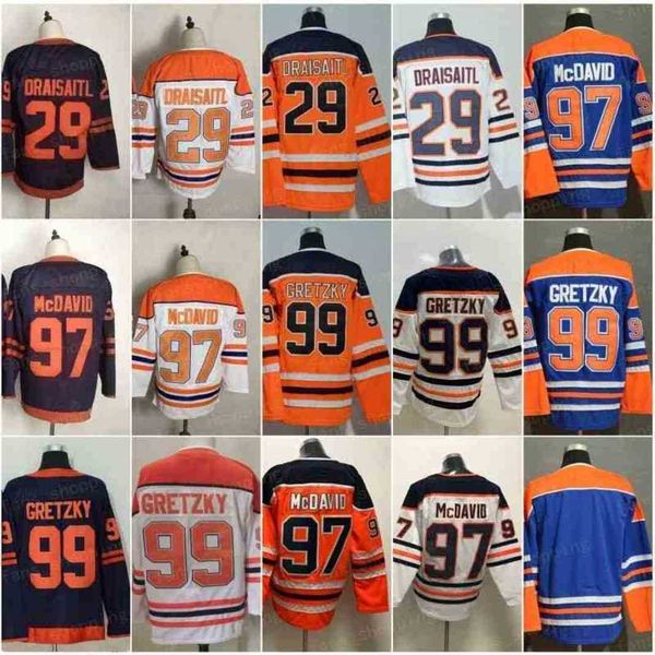 Hombres Hockey 97 Connor McDavid Jersey 99 Wayne Gretzky 29 Leon Draisaitl 93 Ryan Nugent-Hopkins Puntada en blanco Buen equipo Azul Blanco Naranja