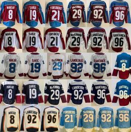 Hombres Hockey Retro Retro 29 Nathan MacKinnon Jersey 92 Gabriel Landeskog 8 Cale Makar 96 Mikko Rantanen 19 Joe Sakic 21 Peter Forsberg Bordado para fanáticos del deporte