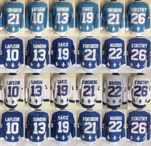 Heren Hockey Vintage Retro 19 Joe Sakic Jersey 21 Peter Forsberg 26 Peter Stastny 10 Guy Lafleur 13 Mats Sundin Navy Blue White Home Alle S