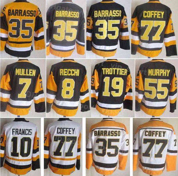 Hommes Hockey Vintage Rétro 77 Maillot Paul Coffey 19 Bryan Trottier 8 Mark Recchi 35 Tom Barrasso 7 Joe Mullen 10 Ron Francis 55 Larry Murp