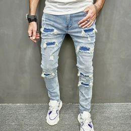 Hommes trous jean mince décontracté pantalon Streetwear mâle élégant déchiré solide Hip Hop mince Denim pantalon 240223