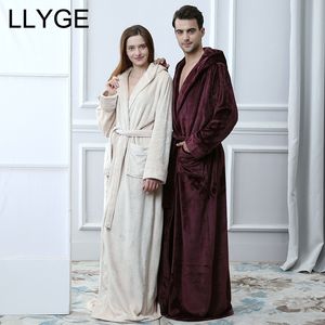 Hommes À Capuche Extra Long Flanelle Couple Robe 2018 Automne Hiver Amant Homewear Chemise De Nuit Femme Épais Chaud Vêtements De Nuit Peignoirs