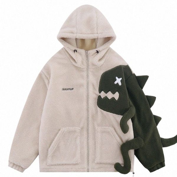 Hommes à capuche polaire laine d'agneau Parkas veste Vintage dinosaure Patchwork Streetwear manteaux d'hiver chauds épaissir manteaux unisexe pull B13c #