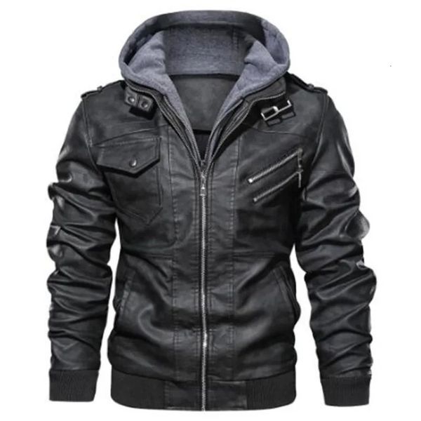 Hommes vestes en cuir à capuche Slim manteaux en cuir décontractés mode mâle Street Wear moto vestes en cuir chapeau détachable 5XL 240117