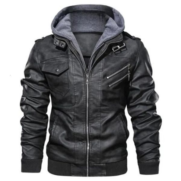 Hommes vestes en cuir à capuche Slim manteaux en cuir décontractés mode mâle Street Wear moto vestes en cuir chapeau détachable 5XL 240131