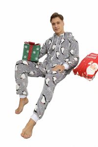 Mannen Onesies Jumpsuits Nachtkleding Flannle Pyjama Winter Warm Kerst Grijs Pinguïn Print Pyjama 03kr #