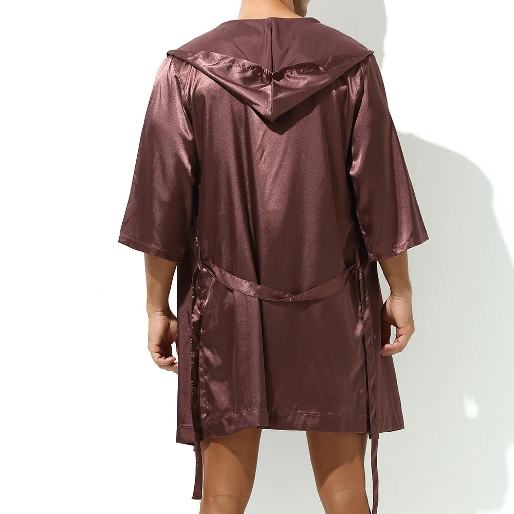 Men Hooded Robe Set Silk Satin Night Gown Sleep Bathrobe Matching Couple Party Groom Robe Pajama Sleepwear Breathable Loungewear