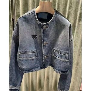 Veste de créateur pour femmes, vestes en denim pour femmes, étiquette triangulaire, veste courte, mode, ras du cou, boutons, manteaux de poche