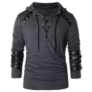 Mannen Hoodie Plus Size Punk PU Lederen Lange Mouw Lace Up Black Blue Streetwear Gothic Casual Hooded Sweatshirt Veer Tops 201103