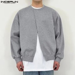 Hommes sweats à capuche couleur unie col rond à manches longues fendu pulls décontractés coréen Streetwear lâche mâle pulls S-5XL INCERUN 240106