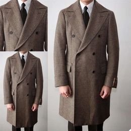Men Houndstooth Suits Style Made British Custom Wind Breaker Double Breasted Tuxedos Peaked Rapel Blazer Business Long Coat