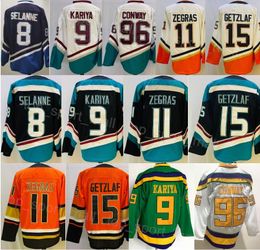 Hommes Hockey sur glace 15 Ryan Getzlaf Jersey 11 Trevor Zegras 8 Teemu Selanne 96 Charlie Conway 9 Paul Kariya Tout cousu noir orange blanc vert inversé sport rétro