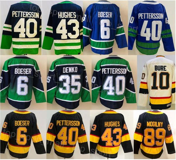 Hommes Hockey sur glace 43 Quinn Hughes Jersey 6 Brock Boeser 40 Elias Pettersson 35 Thatcher Demko 10 Pavel Bure 89 Mogilny Reverse Retro Vintage Noir Bleu Blanc Cousu