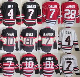 Hommes Hockey sur glace Vintage Retro 7 Maillot Chris Chelios 10 Patrick Sharp 81 Marian Hossa 28 Steve Larmer 4 Bobby Orr 88 Patrick Kane Broderie Noir Rouge Blanc HeiYing