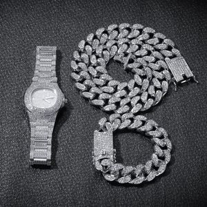 Mannen Iced Out Diamond Cubaanse Link Chain Rose Goud Zilver Horloge Ketting Armband Set Hip Hop Bling Kettingen Jewelry248o