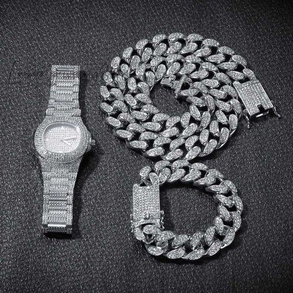 Hombres helados Diamond Cuban Link Chain Rose Gold Silver Watch Skleace Bracelet Set Hip Hop Bling Chains Jewelry