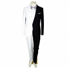 Mannen Onregelmatige Smoking Zwart Wit Splicing Suits Mannelijke Compere Zanger Danser Podium Blazer Broek Set Bruiloft 2 Stuk Outfit h226 #