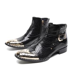 Hombres Tipo italiano Toe de hierro hecho a mano Piel de serpiente de cuero genuino Botas Hombre Punk Fashion Party Boots Bota Fahion Boot