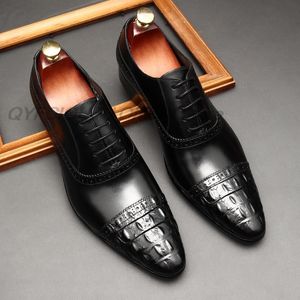Hommes italien bout d'aile en cuir véritable Oxford chaussures bordeaux noir bout pointu à lacets robe de mariage affaires casquette orteil chaussures formelles