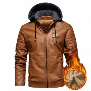 Hommes Veste Polaire Doublure À Capuchon Faux Cuir Plus Taille Moto Veste Biker Manteau Automne Hiver Coupe-Vent pour Travailler r6L5 #