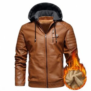 Hommes veste polaire doublure à capuche Faux cuir grande taille moto veste Biker manteau automne hiver coupe-vent pour le travail 570N #